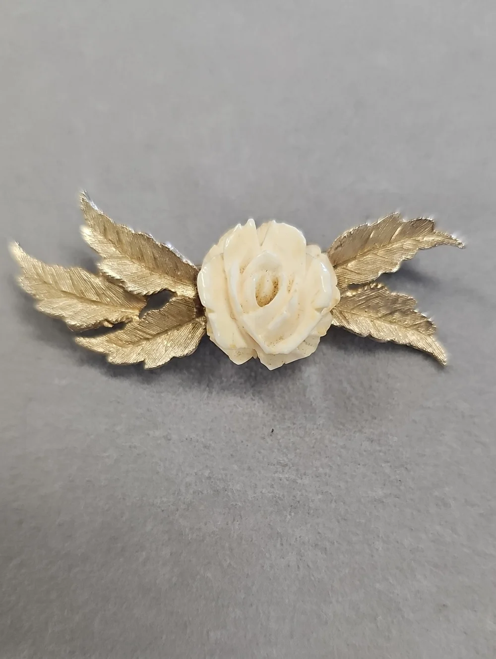 Ivory Rose with Gold Leaf Brooch - Elegant Floral Pin